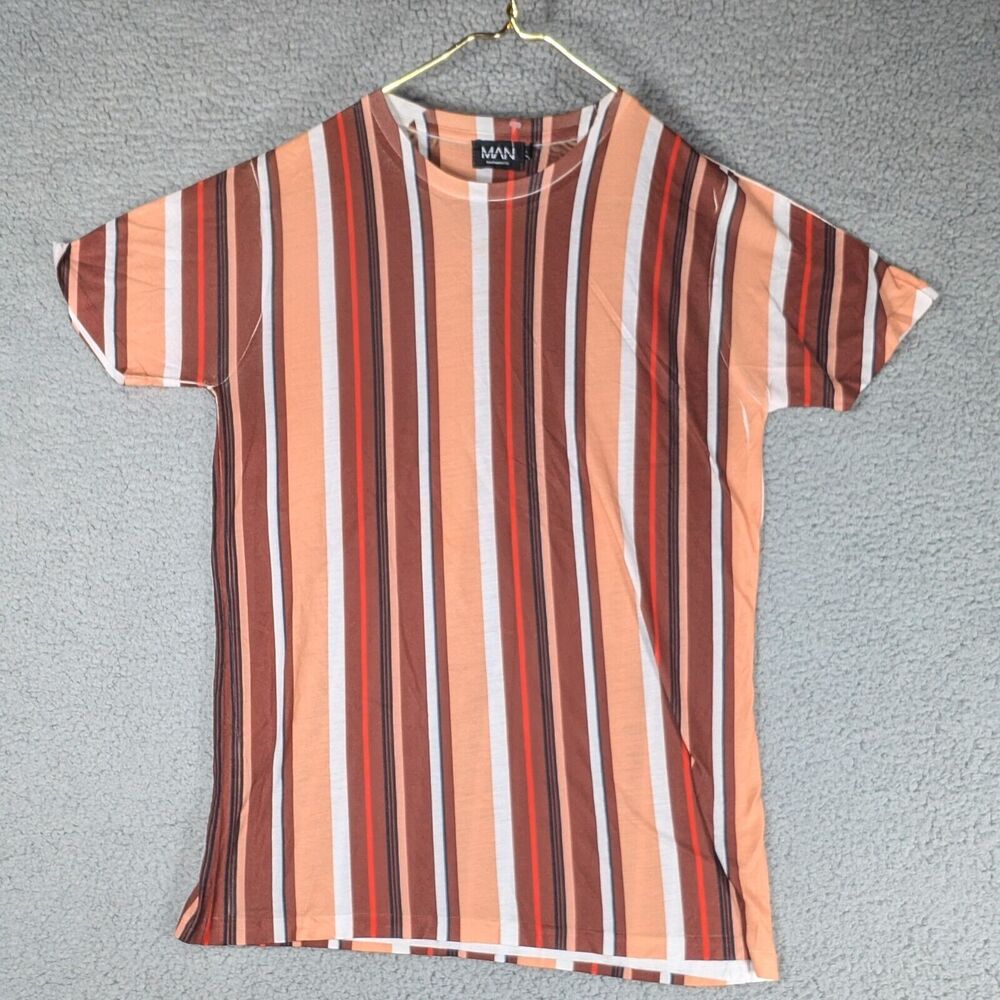Boohoo Man Shirt Mens Size Medium Brown White Striped Short Sleeve T-Shirt